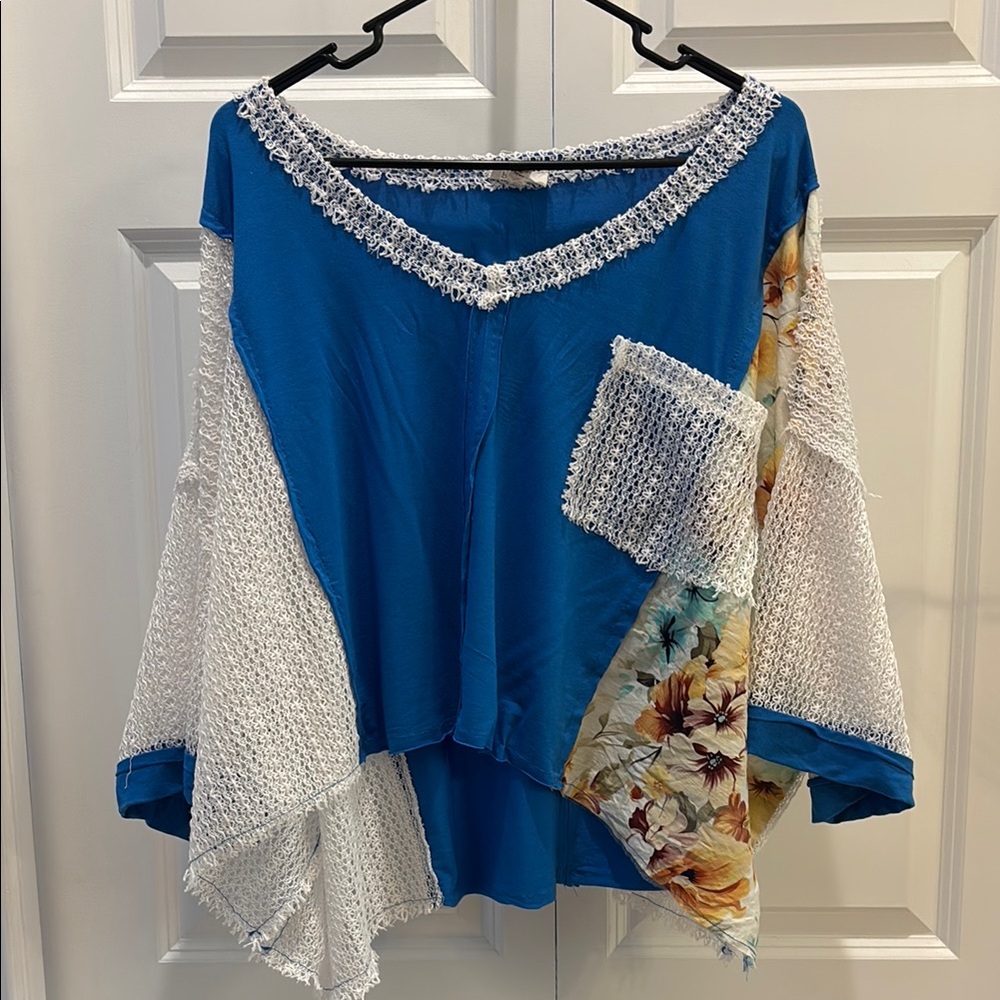 POL patchwork top Blue and White Women's Top with Floral Accents